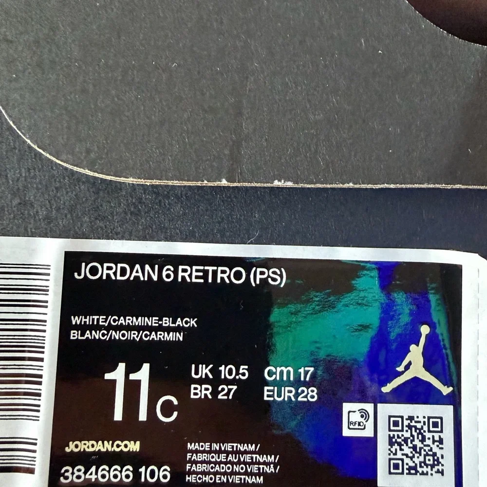 Jordan 6 Retro (PS) Kids White and Carmine-Black Sneakers - Picture 8 of 8